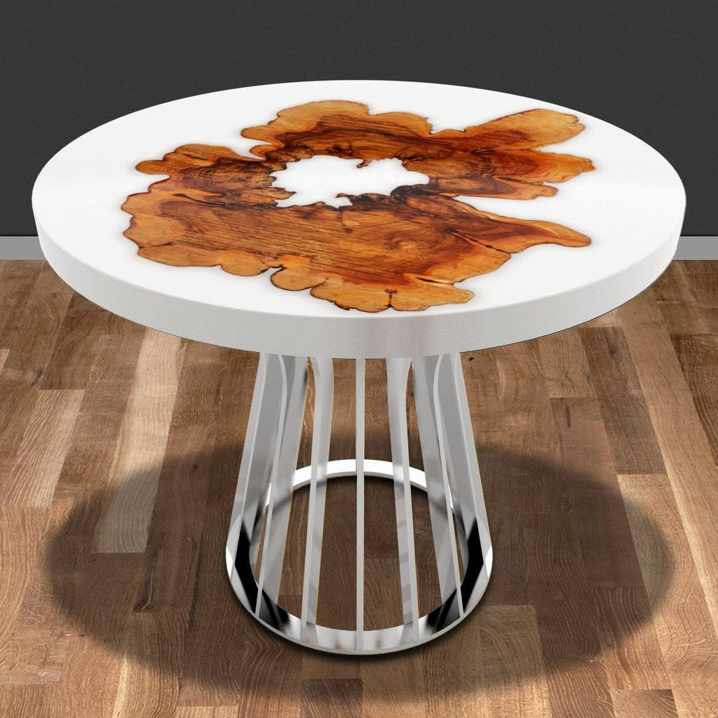 White Amiata Olive Wood Round Dining Table with epoxy resin and polished chrome base