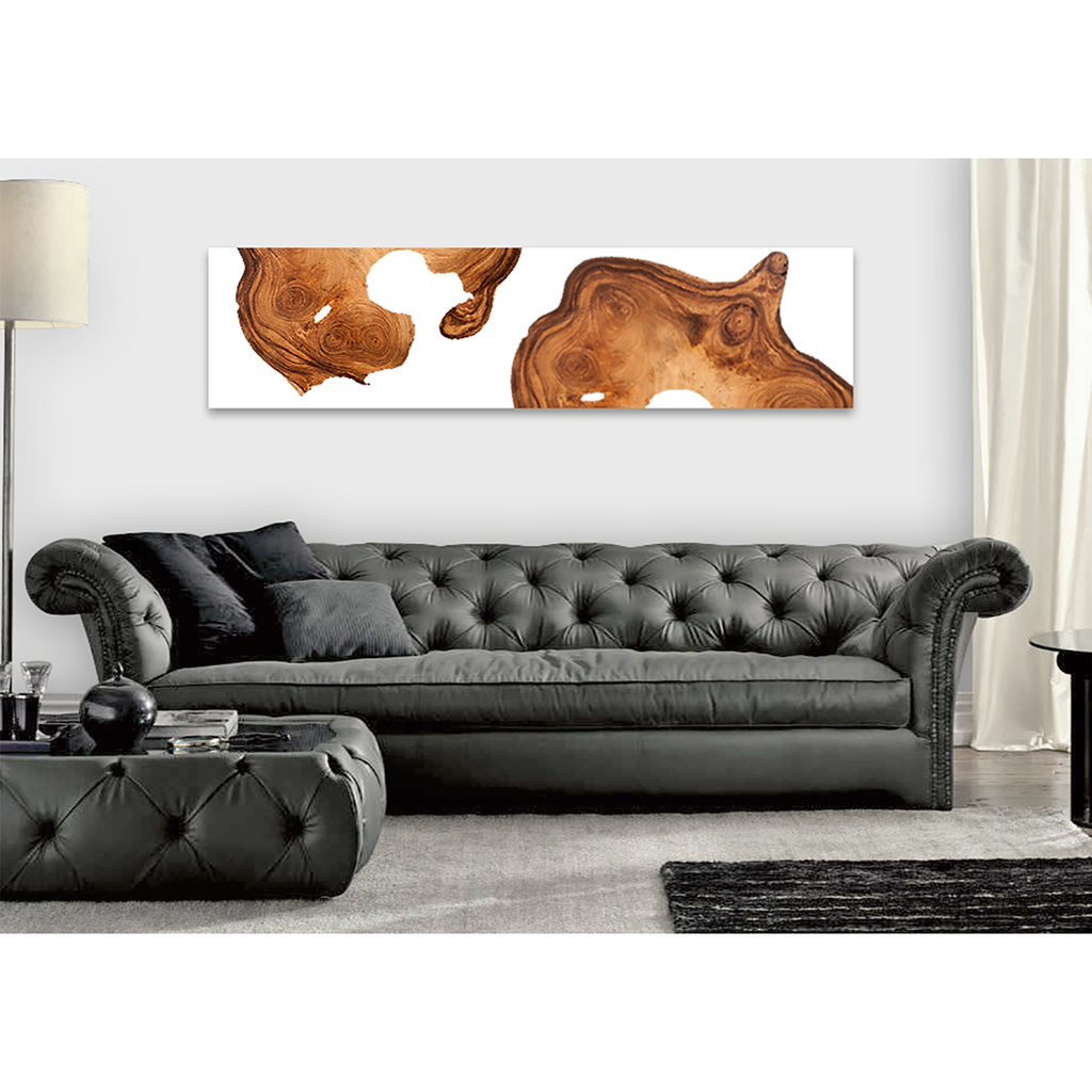 Dark grey tufted leather Chesterfield-style sofa with White Halia Wall Art in background