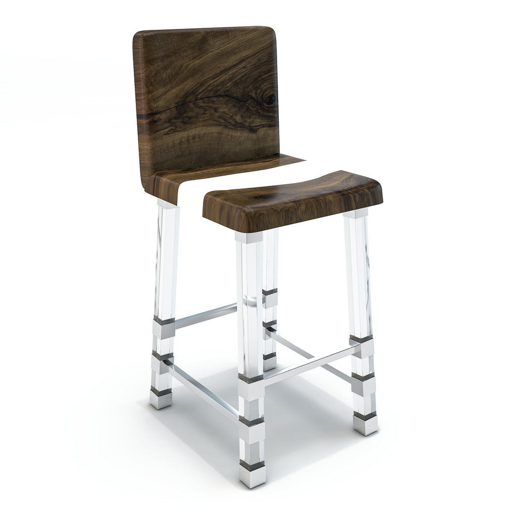 White Rhytia Walnut Wood Counter Stool (With Back) - ARDITI