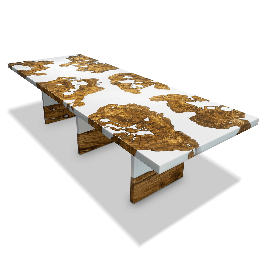 White Thyria Olive Wood Dining Table with resin and natural wood slab top