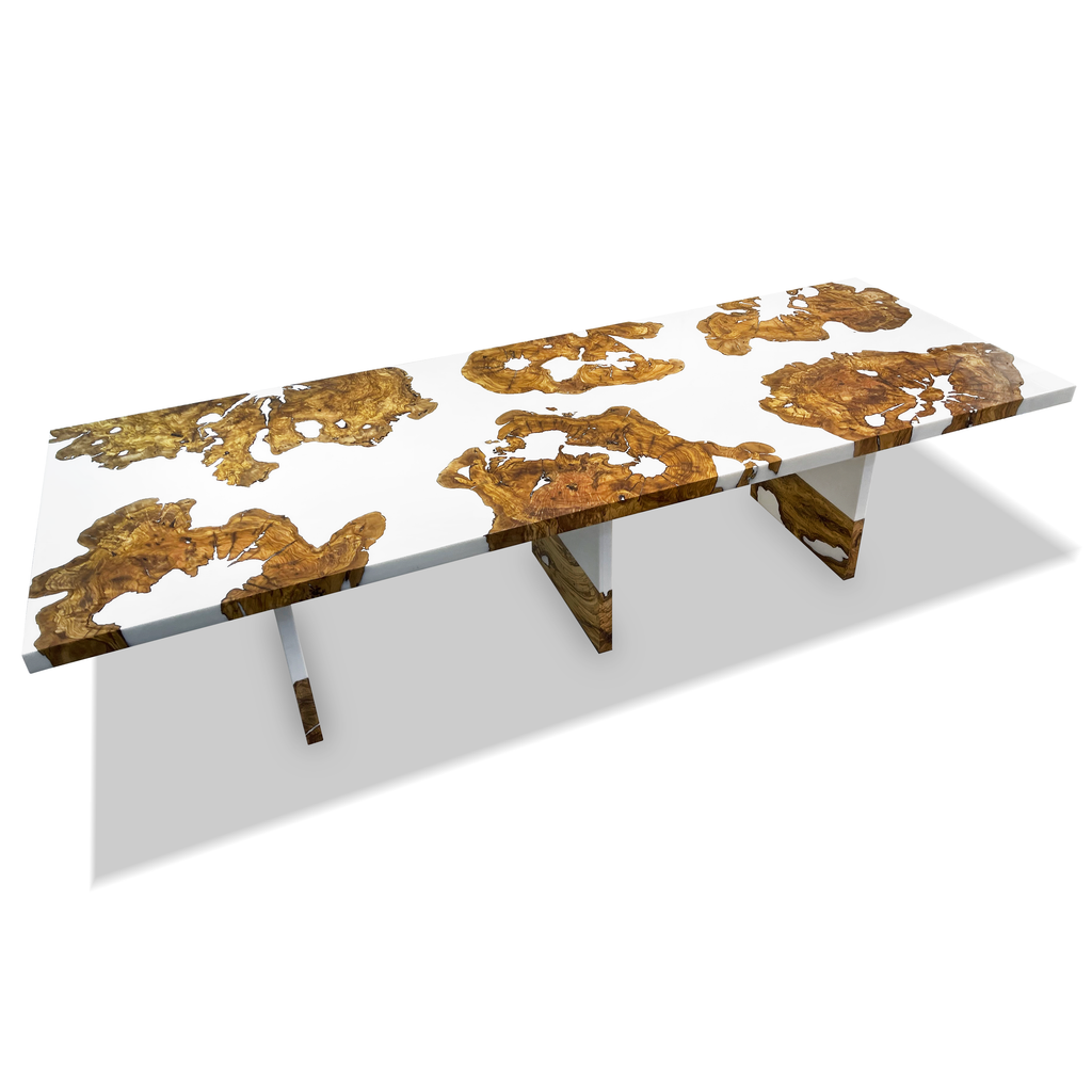 White Thyria Olive Wood Dining Table with rectangular white resin top and natural burl accents