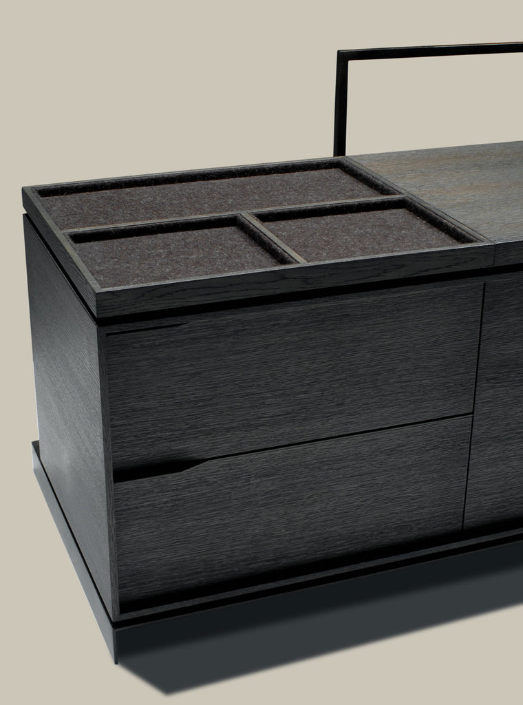 Dark-stained wooden York Nightstand with divided top storage and two drawers